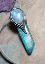 Load image into Gallery viewer, PREORDER Moonchild, Genuine Rainbow Moonstone Necklace | Loosely Polished Aqua Aura Quartz Crystal Pendant |
