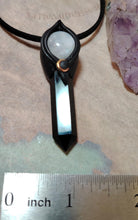 Load image into Gallery viewer, Shadows Work,  Witch Protection Necklace | Triple Moon Pendant | Moonstone &amp; Obsidian
