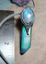 Load image into Gallery viewer, PREORDER Moonchild, Genuine Rainbow Moonstone Necklace | Loosely Polished Aqua Aura Quartz Crystal Pendant |
