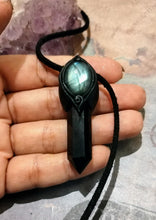 Load image into Gallery viewer, PREORDER St Michael Archangel Pendant Necklace | Blue Labradorite and Obsidian | Protection Saint Angel Sigil Jewelry
