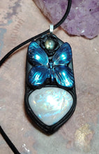 Load image into Gallery viewer, Blue Morpho Butterfly Necklace|  Moonstone Crystal  Pendant | Spirit Animal Shamanic Jewelry
