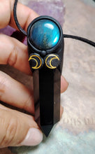 Load image into Gallery viewer, Triple Moon Wiccan Wand Necklace | Obsidian &amp; Moonstone | Hecate Pagan Goddess of Magic Jewerly
