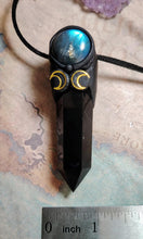 Load image into Gallery viewer, Triple Moon Wiccan Wand Necklace | Obsidian &amp; Moonstone | Hecate Pagan Goddess of Magic Jewerly
