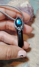 Load and play video in Gallery viewer, PREORDER St Michael Archangel Pendant Necklace | Blue Labradorite and Obsidian | Protection Saint Angel Sigil Jewelry
