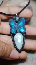 Load and play video in Gallery viewer, PREORDER Blue Morpho Butterfly Necklace|  Moonstone Crystal  Pendant | Spirit Animal Shamanic Jewelry

