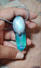 Load and play video in Gallery viewer, PREORDER Moonlight,  Aqua Aura Quartz Crystal Necklace | Rainbow Moonstone Pendant | Sacred Feminine Jewelry
