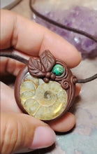 Load and play video in Gallery viewer, PREORDER Golden Ratio. Sacred Geometry Art Jewelry | Ammonite &amp; Turquoise Pendant | Fibonacci Sequence Necklace with Healing Crystals
