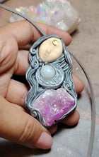 Load and play video in Gallery viewer, PREORDER Crone, Moon Triple Goddess Witchy Necklace | Aura Quartz &amp; Moonstone | Pagan Sacred Jewelry

