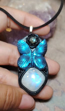 Load and play video in Gallery viewer, PREORDER Blue Morpho Butterfly Necklace|  Moonstone Crystal  Pendant | Spirit Animal Shamanic Jewelry
