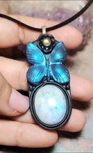 Load and play video in Gallery viewer, PREORDER Blue Morpho Butterfly Necklace|  Moonstone Crystal  Pendant | Spirit Animal Shamanic Jewelry
