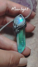 Load and play video in Gallery viewer, PREORDER Moonlight,  Aqua Aura Quartz Crystal Necklace | Rainbow Moonstone Pendant | Sacred Feminine Jewelry
