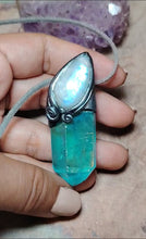 Load and play video in Gallery viewer, PREORDER Moonlight,  Aqua Aura Quartz Crystal Necklace | Rainbow Moonstone Pendant | Sacred Feminine Jewelry
