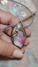 Load and play video in Gallery viewer, St Brigid Celtic Goddess of Sacred Flame | Fire Opal &amp; Rose Aura Quartz Pendant |  Pagan, Celtic, Irish Jewelry
