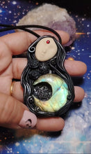 Load and play video in Gallery viewer, Hecate Statue Figurine Necklace | Hekate Triple Moon Goddess of Witches |agic and Witchcraft | Wiccan Occult Jewelry
