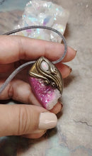 Load and play video in Gallery viewer, St Brigid Celtic Goddess of Sacred Flame | Fire Opal &amp; Rose Aura Quartz Pendant |  Pagan, Celtic, Irish Jewelry
