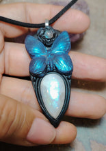Load image into Gallery viewer, PREORDER Blue Morpho Butterfly Necklace|  Moonstone Crystal  Pendant | Spirit Animal Shamanic Jewelry
