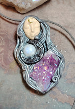 Load image into Gallery viewer, PREORDER Triple Moon Goddess Necklace. Aura Quartz Moonstone Witch Figurine
