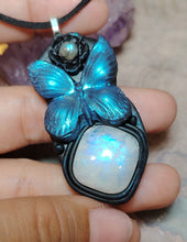 Load image into Gallery viewer, PREORDER Blue Morpho Butterfly Necklace|  Moonstone Crystal  Pendant | Spirit Animal Shamanic Jewelry
