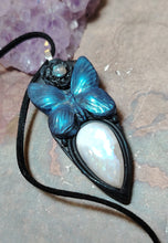 Load image into Gallery viewer, PREORDER Blue Morpho Butterfly Necklace|  Moonstone Crystal  Pendant | Spirit Animal Shamanic Jewelry
