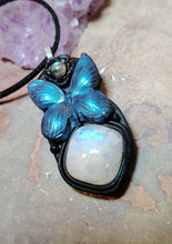 Load image into Gallery viewer, PREORDER Blue Morpho Butterfly Necklace|  Moonstone Crystal  Pendant | Spirit Animal Shamanic Jewelry
