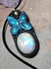 Load image into Gallery viewer, PREORDER Blue Morpho Butterfly Necklace|  Moonstone Crystal  Pendant | Spirit Animal Shamanic Jewelry
