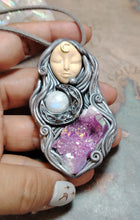 Load image into Gallery viewer, PREORDER Triple Moon Goddess Necklace. Aura Quartz Moonstone Witch Figurine
