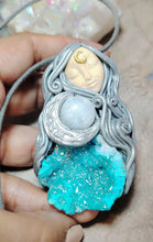Load image into Gallery viewer, PREORDER Crone, Moon Triple Goddess Witchy Necklace | Aura Quartz &amp; Moonstone | Pagan Sacred Jewelry
