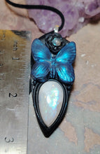 Load image into Gallery viewer, PREORDER Blue Morpho Butterfly Necklace|  Moonstone Crystal  Pendant | Spirit Animal Shamanic Jewelry
