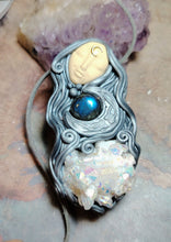 Load image into Gallery viewer, PREORDER Crone, Moon Triple Goddess Witchy Necklace | Aura Quartz &amp; Moonstone | Pagan Sacred Jewelry
